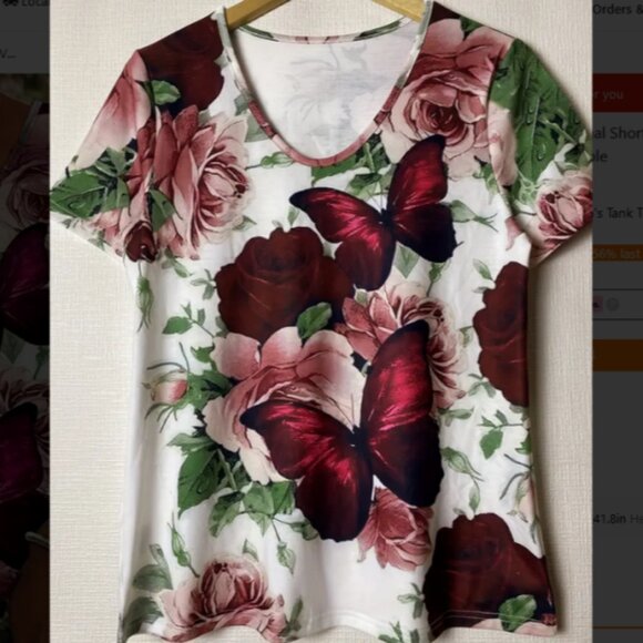 Women's Charming Vintage Floral & Butterfly Motifs Shortsleeve Tee Size L NIB - Picture 2 of 3